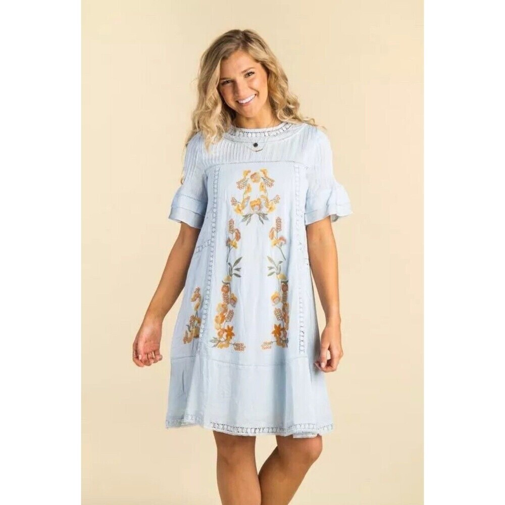 Brass & Roe Embroidered Blue Yellow Orange Lace Floral Boho Mini Dress Size XS